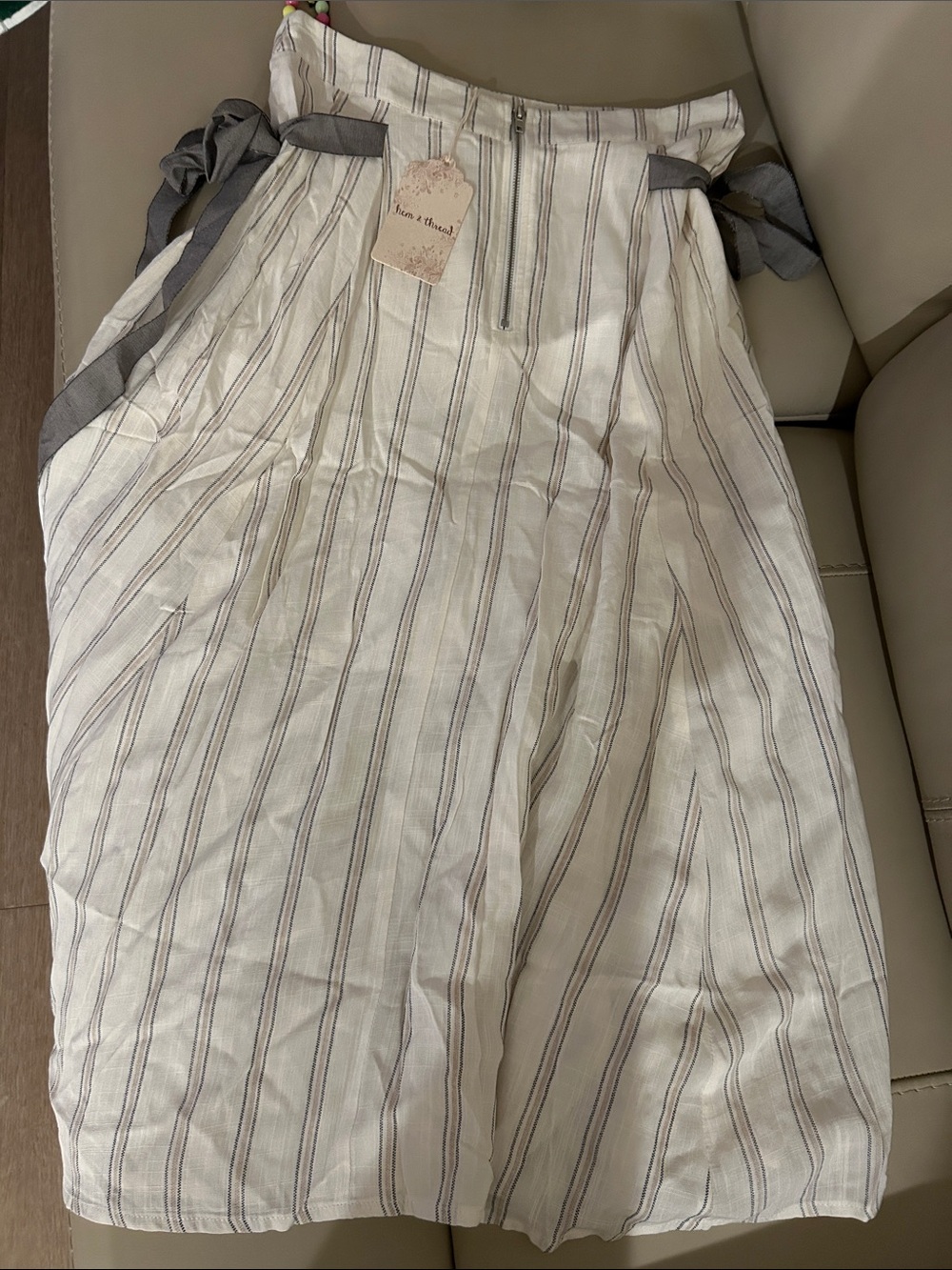 Hem & Thread White Striped women Casual skirt with Gray Ties
